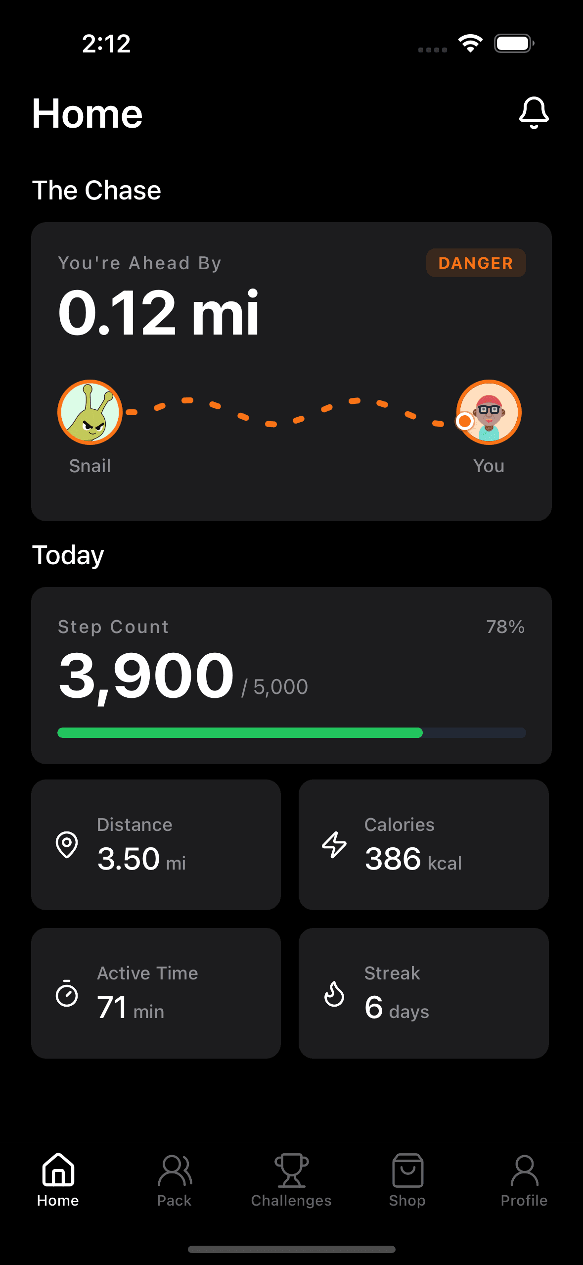 Home dashboard showing the chase and daily activity
