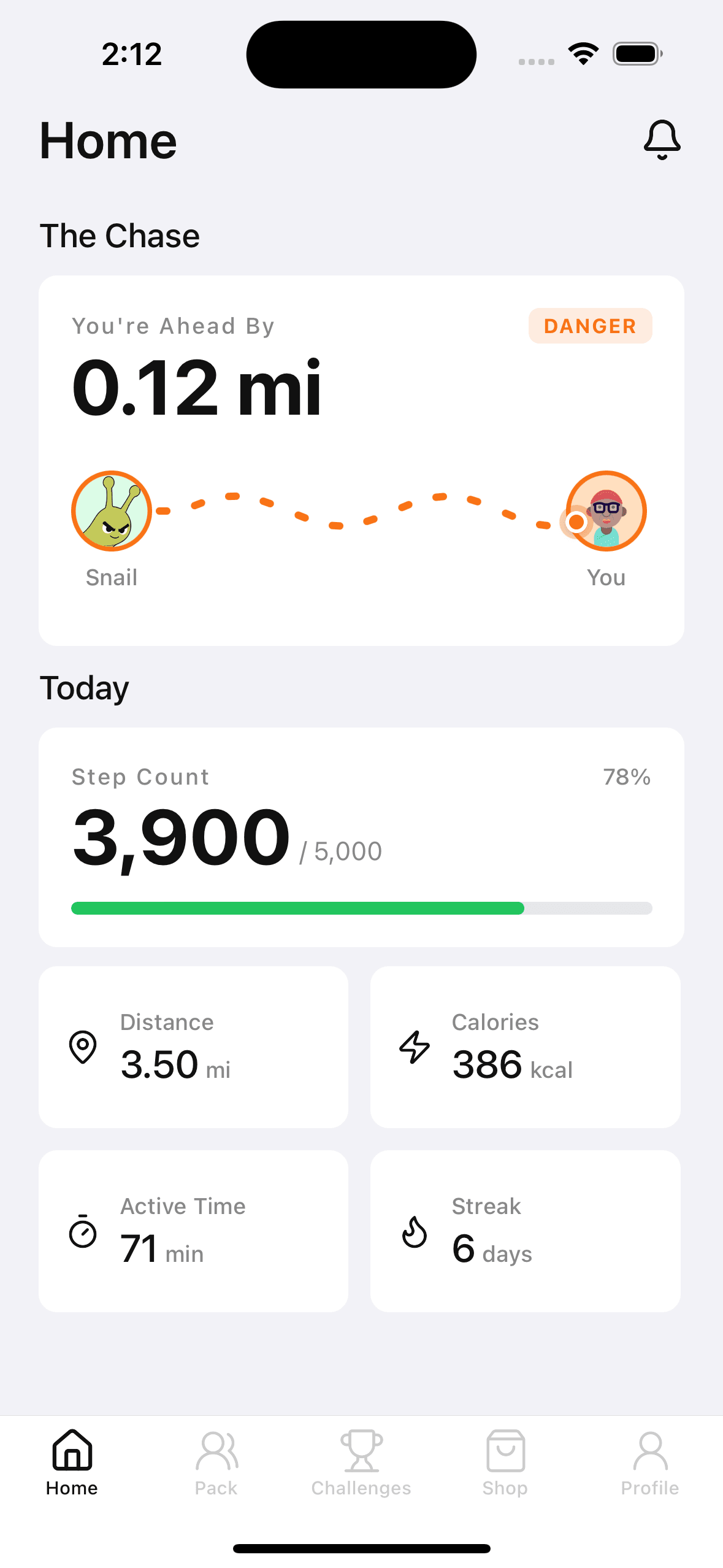 Home dashboard showing the chase and daily activity